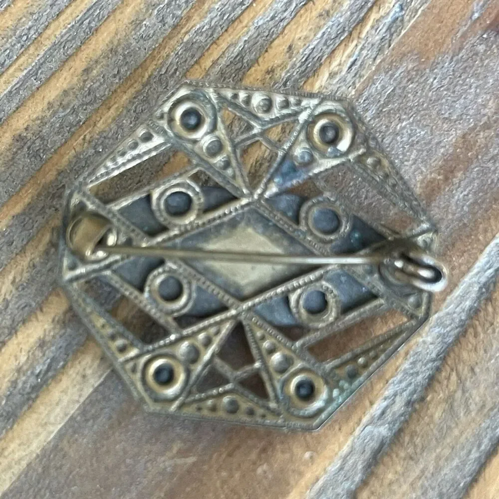 Antique Art Deco Antiqued Bronze Blue Glass Rhinestone Pin Brooch C Clasp